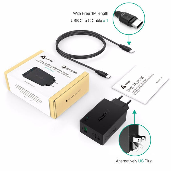 Original Aukey PA-Y2 Eu Plug Fast Charge Amp Type-C with Quick Charge 3.0 Dual USB Charger for Mobile Tablet